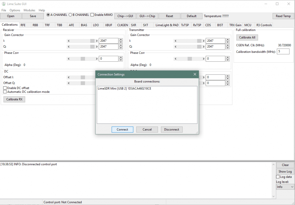 LimeUtil connecting the LimeSDR Mini